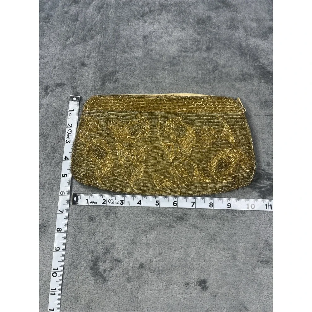 Vintage Handbag Sequence Gold Zip Purse Makeup 80s Retro Floral Seed‎ Bead Glam